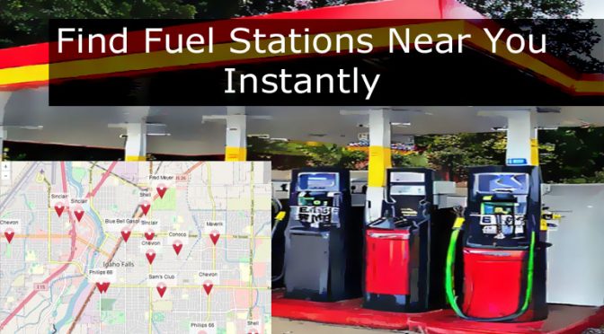 Image of Fuel pumps and locations, saying Find Fuel Stations Near You Instantly