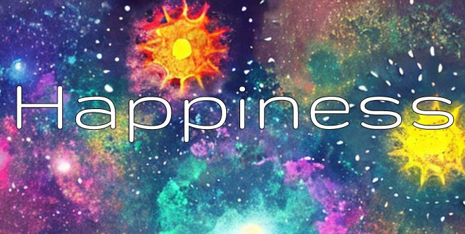 Happiness, written on a colorful space background